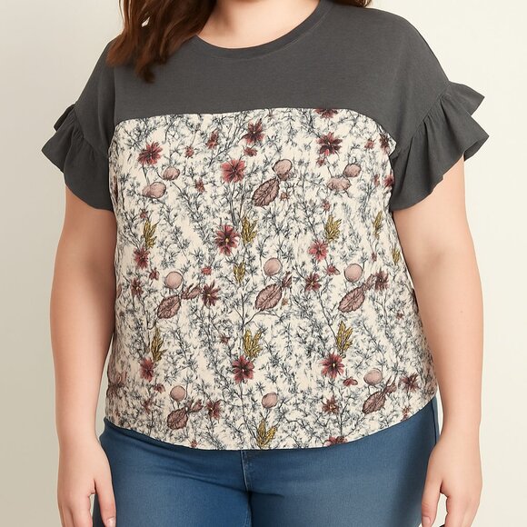 Women's Maurices Ruffle Sleeve Floral Block Top - Picture 1 of 15
